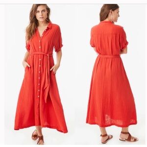 XiRENA Caylin Dress Cotton Gauze Muslin Button Down Midi Cherry Red Pockets XS
